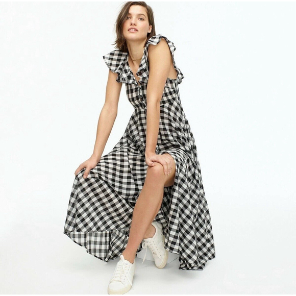 J.CREW Dresses & Skirts - J.CREW Avril Gingham Flutter Ruffle Sleeve Midi Dress XXS Picnic Preppy Beach